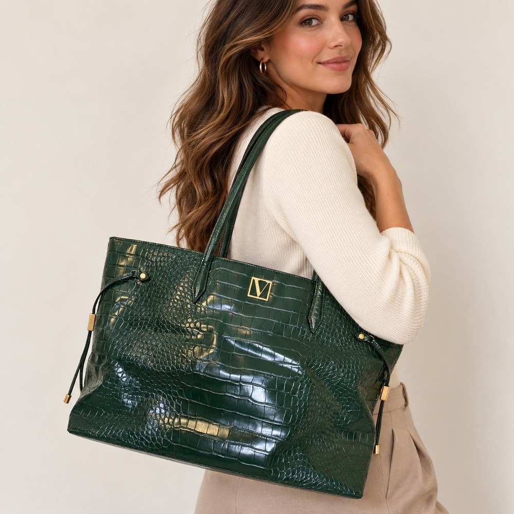 Victoria's Secret Women Tote Bag Crocodile Faux Leather Large Emerald Green Chic